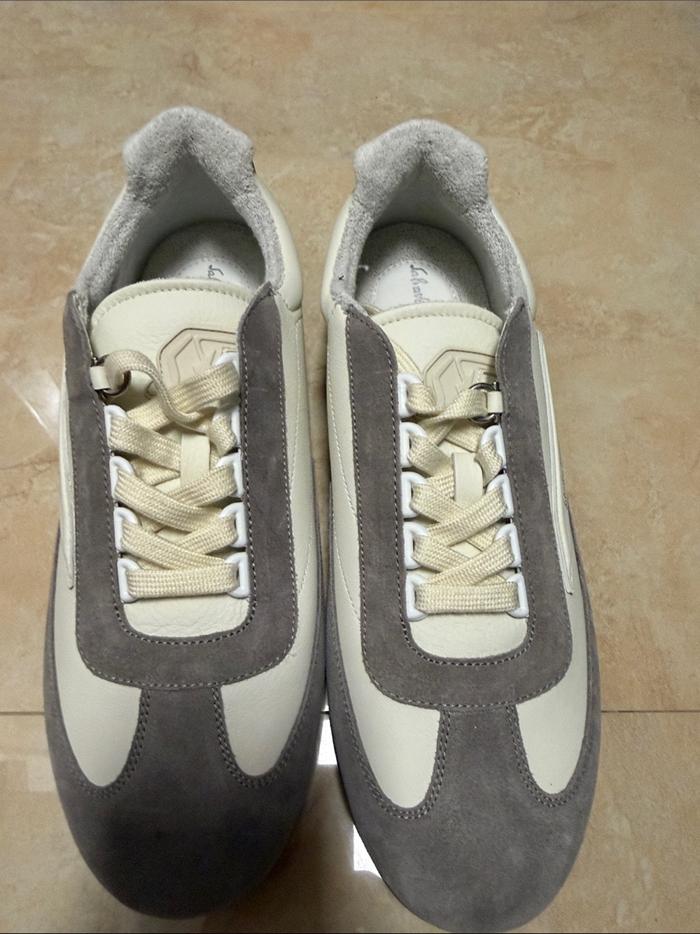 Salvatore Ferragamo Men's Cream and Gray Suede & Leather Sneakers New No Box